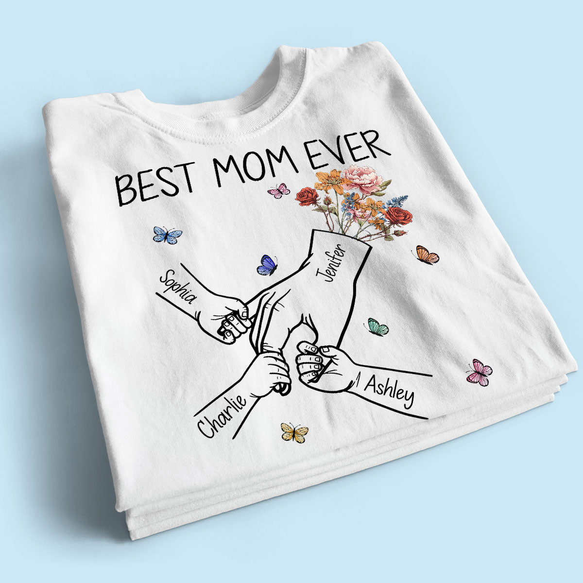 Kids Holding Mom‘s Hand Vintage Birth Month Flowers Gift For Mom Personalized Shirt