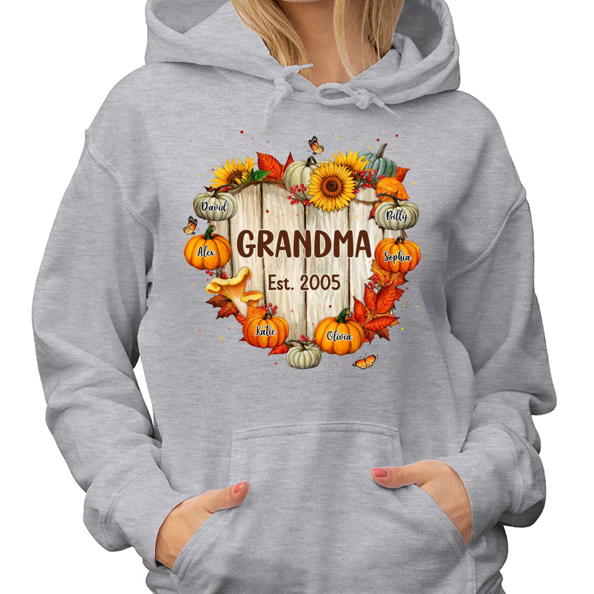 Fall Season Grandma Mom Wood Heart Sign Pumpkins Personalized Shirt