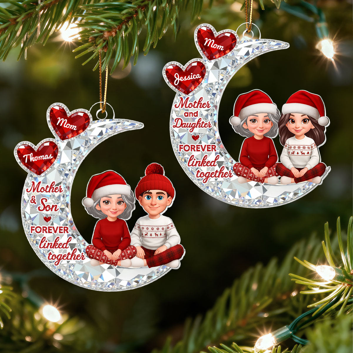 3D Effect Flat Mom And Daughter Son Sitting On Moon - Personalized Acrylic Ornament - Gift For Mom, Daughter, Son