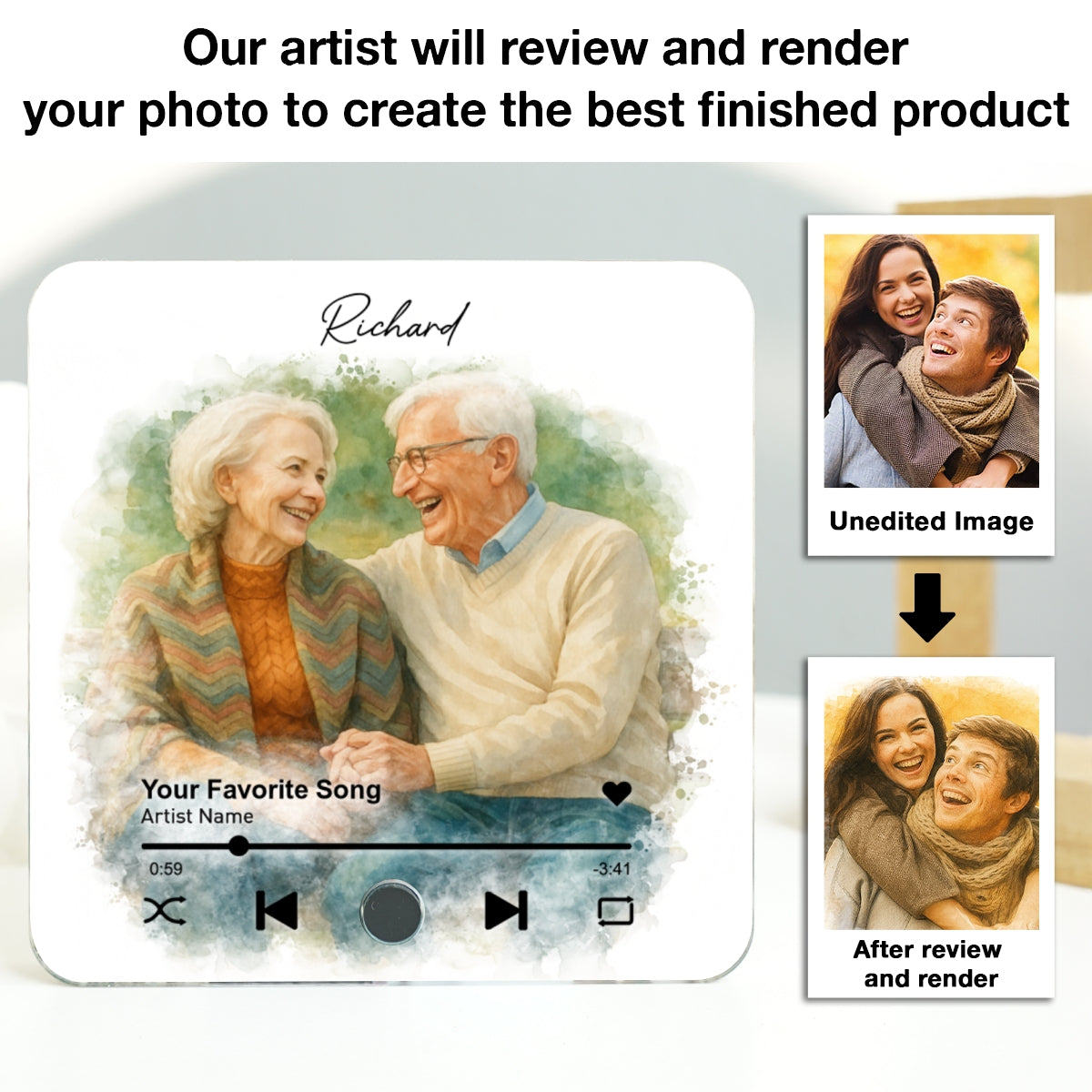 Custom Couple Watercolor Portrait from Photo Personalized Music Fridge Magnet, Gift for him, Gift for her