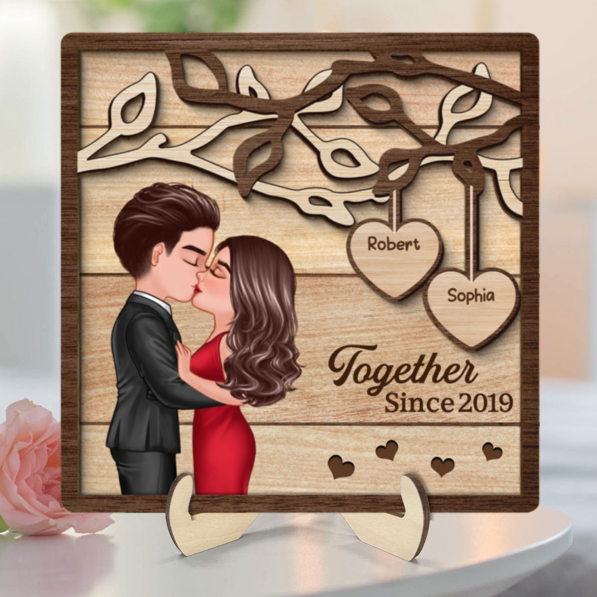 Couple Kissing Under Tree Pretty Elegant Couple Personalized 2-Layer Wooden Plaque