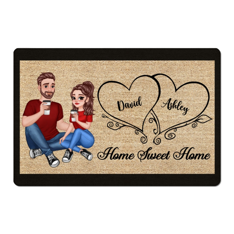 Home Sweet Home Cartoon Couple Sitting Personalized Doormat