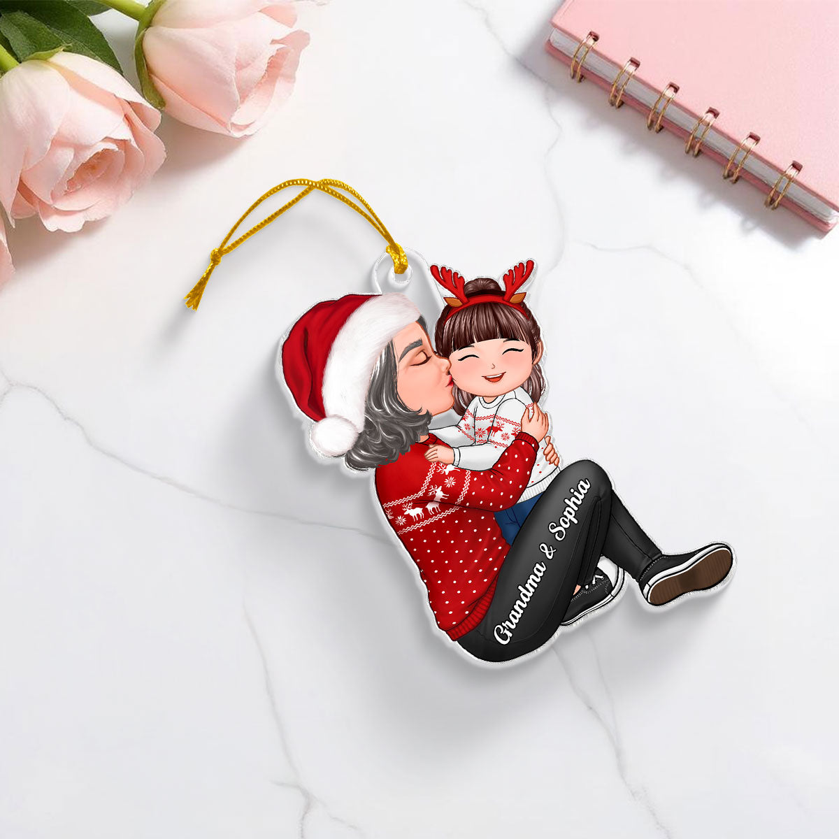 Christmas Grandma Kissing Grandkid - Personalized Acrylic Ornament - Heartwarming Gift For Granddaughter Grandson