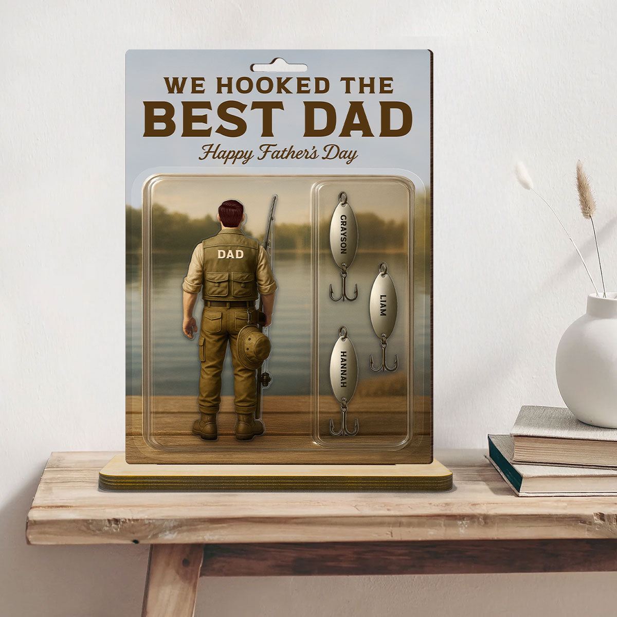 We Hooked The Best Dad Grandpa Fishing With Kids' Names Custom Figure Personalized Standing Wooden Plaque, Perfect Father's Day Gift For Fishing Dad, For Husband, For Grandpa