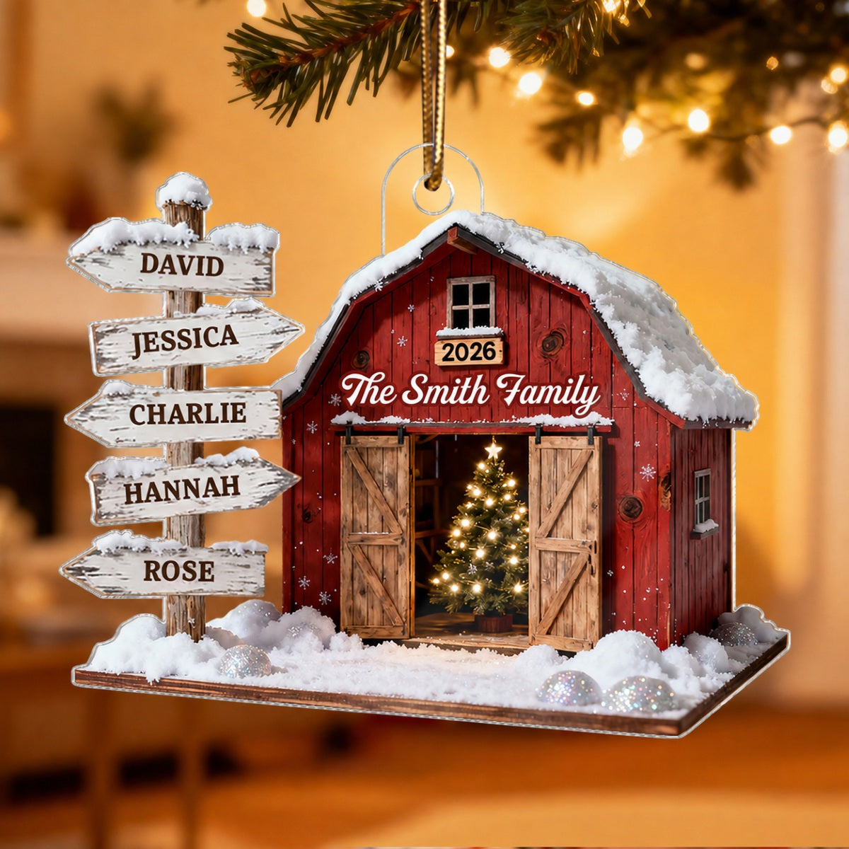3D Effect Christmas Flat Nostalgia Barn House Family Sign Posts - Personalized Acrylic Ornament - Gift For Family, Farmhouse Decor