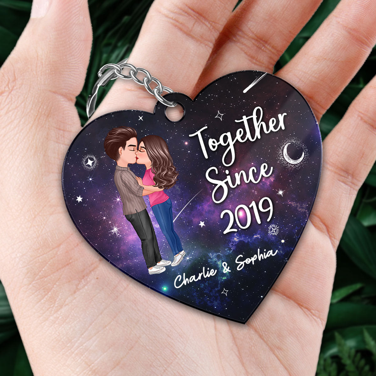 Doll Couple Kissing In Galaxy Night Favorite Song Scannable QR Code Personalized Heart Shape Acrylic Keychain