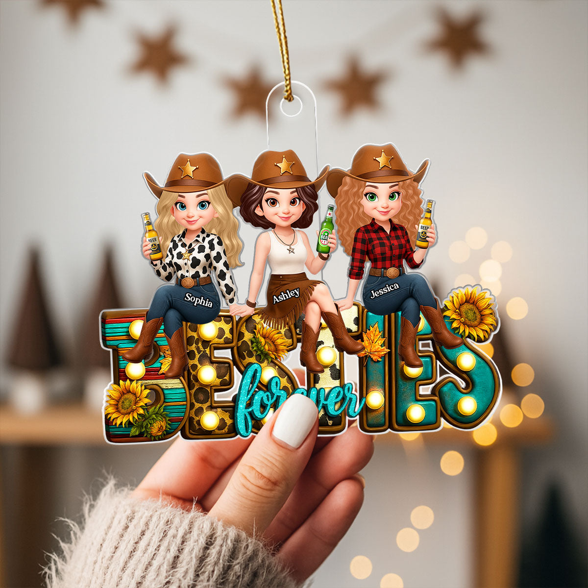 Western Besties Sitting Personalized Acrylic Ornament, Fall Gift for Best Friends