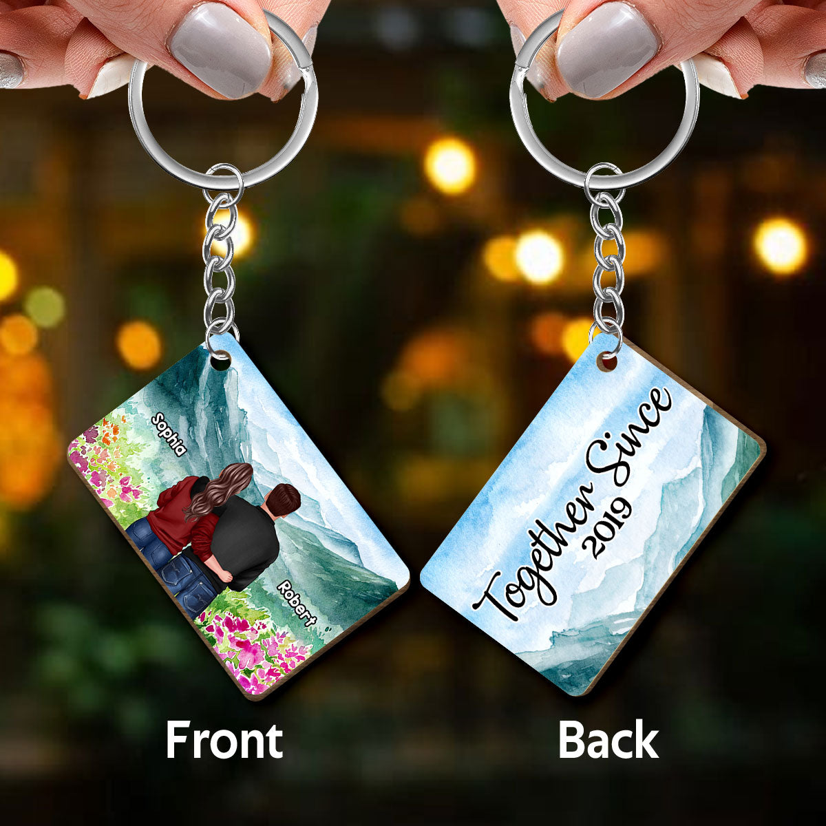 Couple Together Since Watercolor Mountain Background Personalized Wooden Keychain