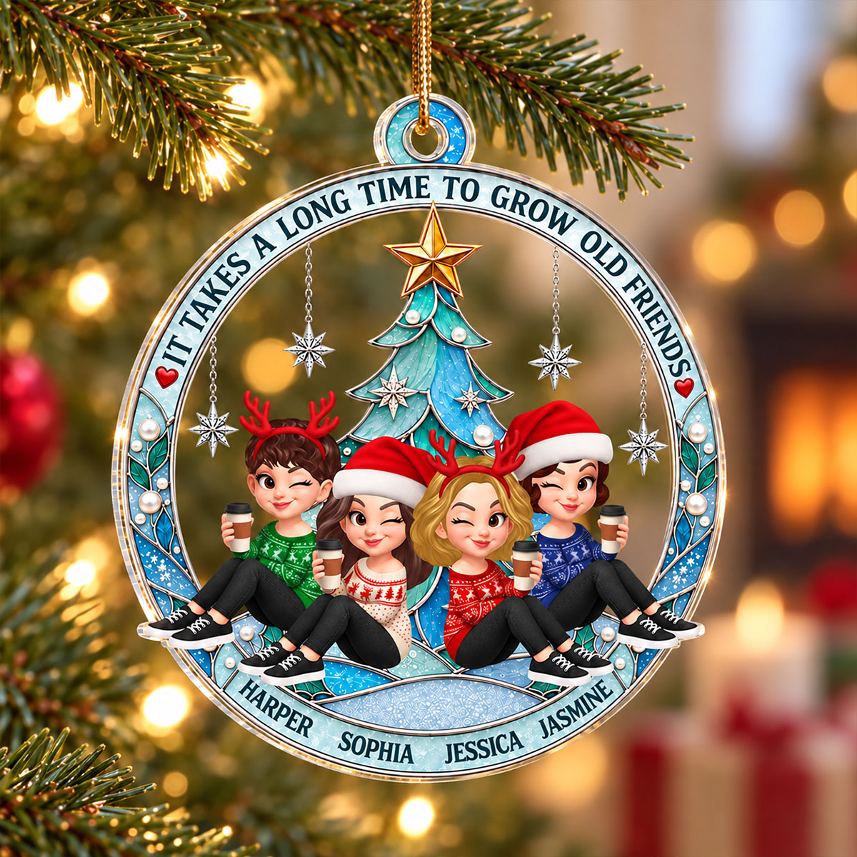 Stained Glass Christmas Tree Grow An Old Friends - Personalized Acrylic Ornament