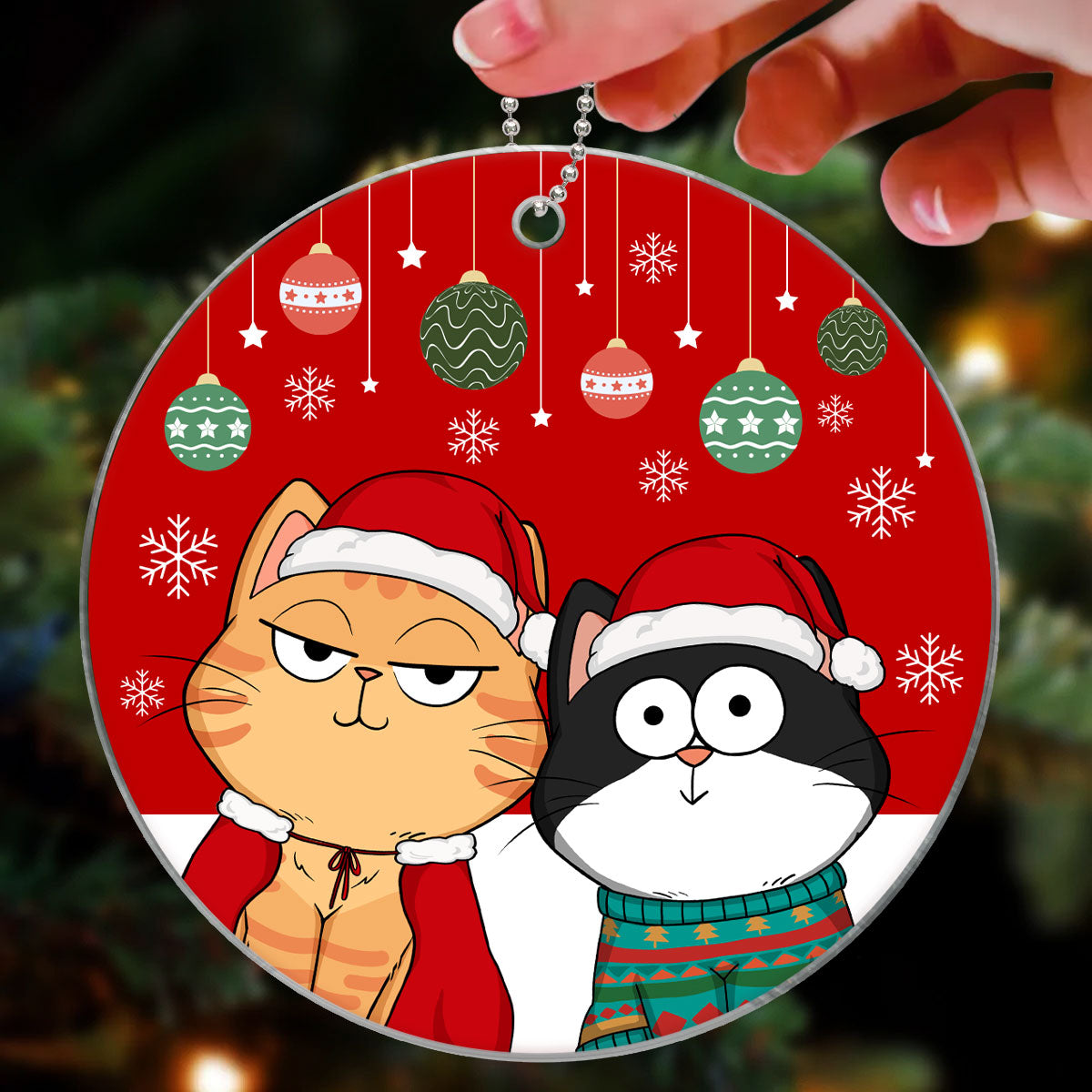 Christmas Funny Cats Expression Red Background Personalized Acrylic Ornament