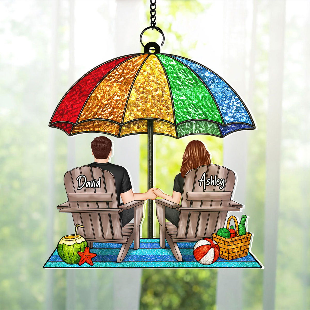 Under Beach Umbrella Happy Couple Personalized Suncatcher