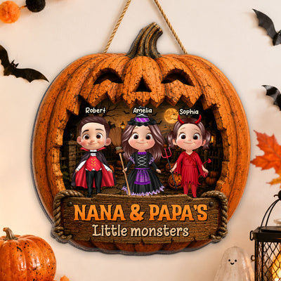 Grandpa & Grandma's Little Monsters - Personalized Wood Sign - Halloween Decor For Grandparents