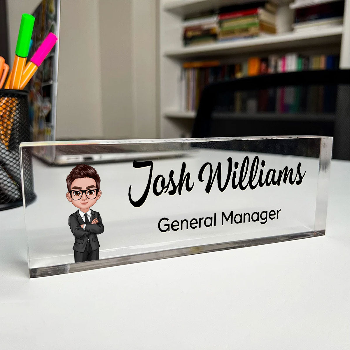 Daisy Flowers Woman Man Office - Personalized Acrylic Desk Name Plate - Gift For Colleagues, Coworkers, Boss