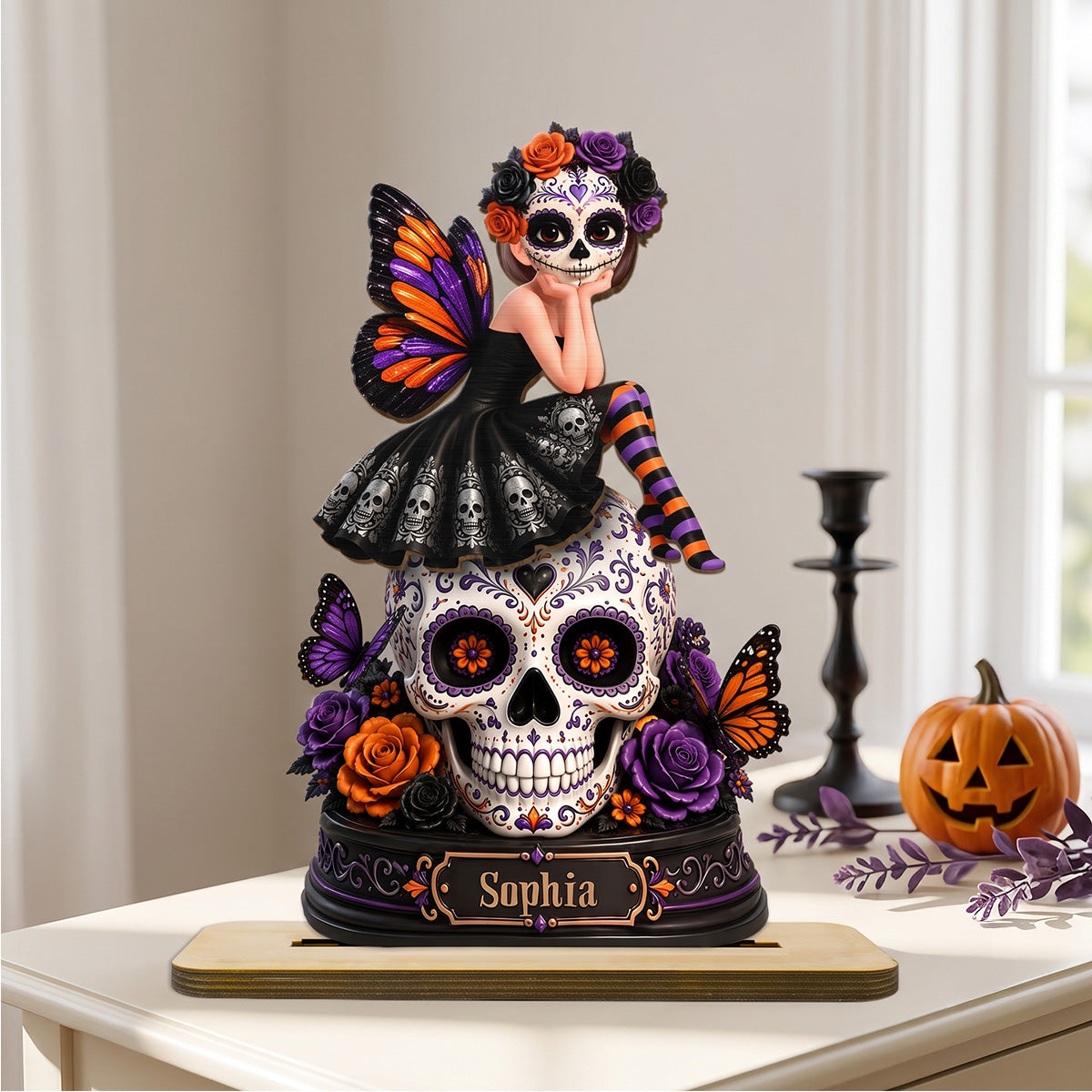 Sugar Skull Girl 2D Flat - Personalized Wooden Plaque - Halloween Decoration