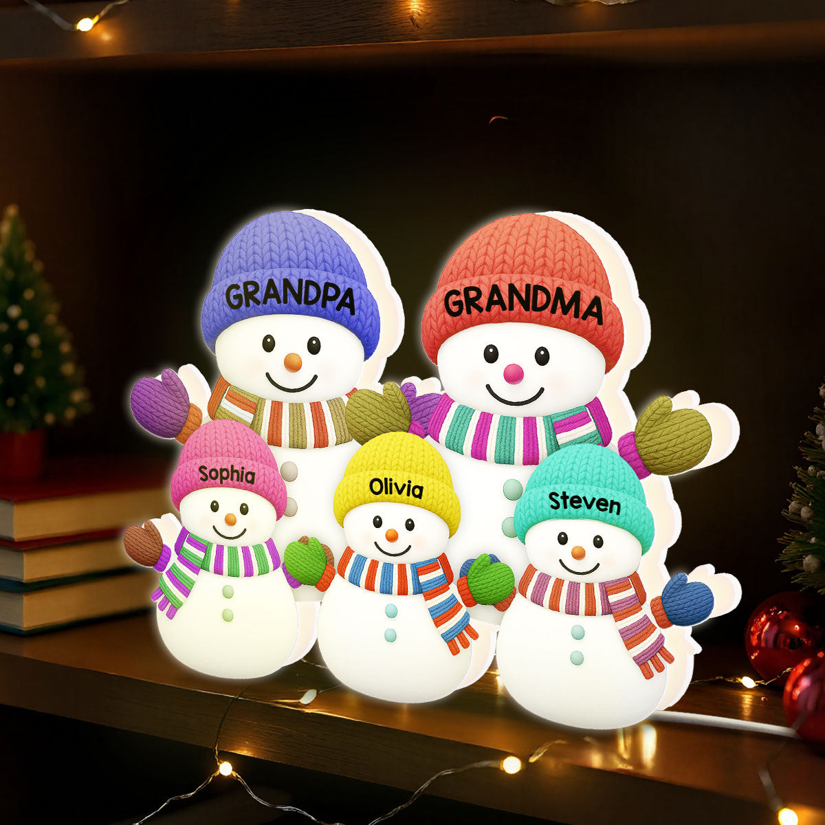 3D Effect Heartwarming Christmas Grandma Grandpa And Grandkids Snowman Together - Personalized Light Box - Christmas Decoration For Grandparents