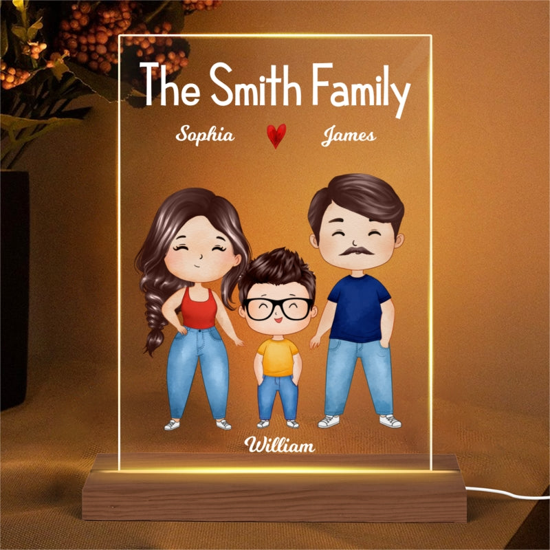 Happy Whole Family Watercolor Styles Couple Dad Mom Kids Dogs Cats Sitting Personalized Rectangle Acrylic Plaque LED Night Light