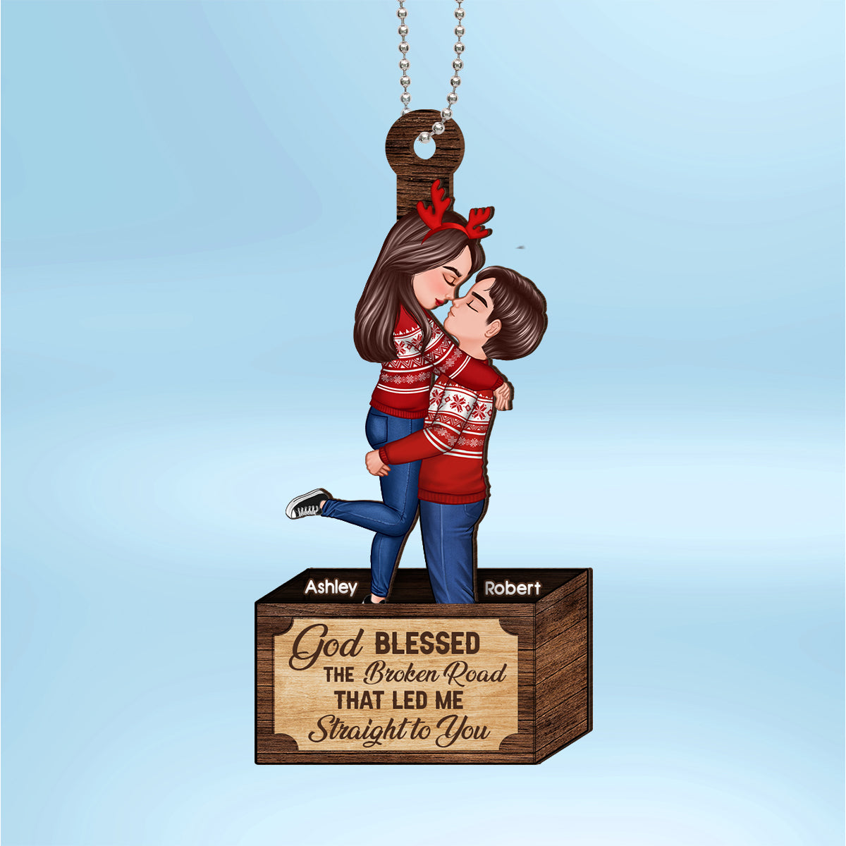 Christmas Couple Hugging Kissing In Box Personalized 2-Layer Wooden Ornament