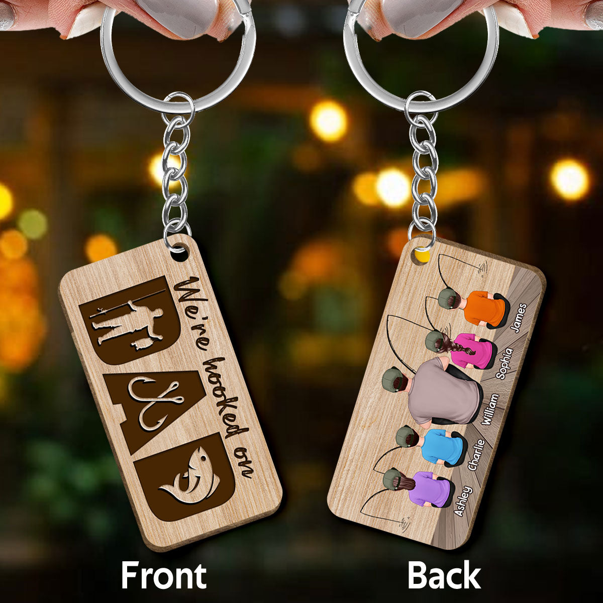 Hooked On Dad Fishing Back View Man Kids Personalized Wooden Keychain