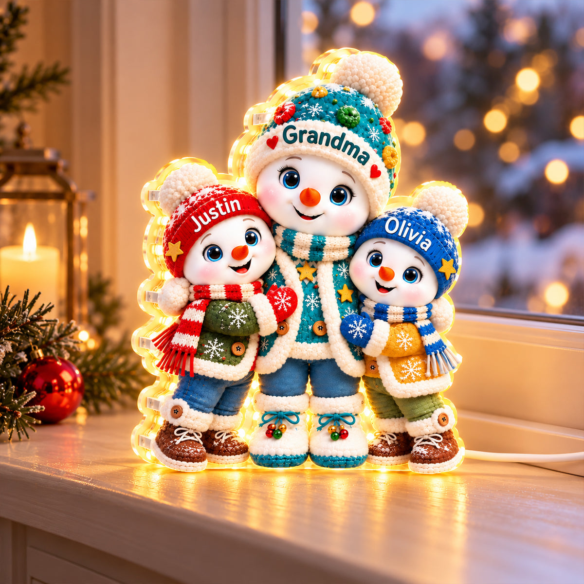 Cute Snowman Grandma and Grandkids - Personalized Light Box - Christmas Gift for Grandma 