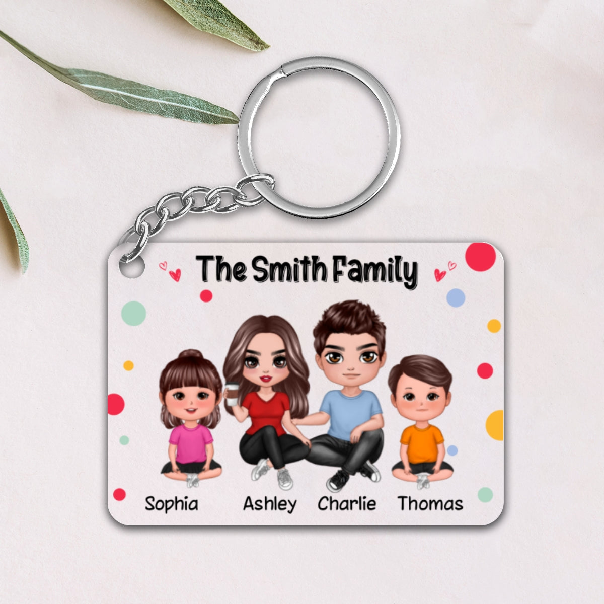 Polka Dot Pattern Whole Family Doll Couple Dad Mom Kids Dogs Cats Personalized Acrylic Keychain