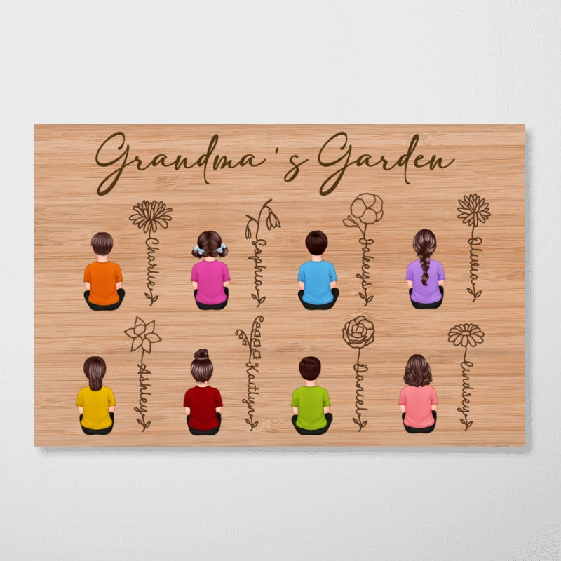 Grandkids Sitting Grandma Garden Outline Birth Month Flowers Mother‘s Day Gift Personalized Horizontal Poster