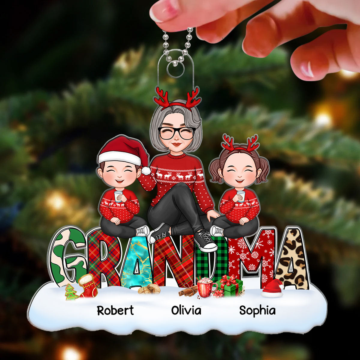 Grandma Grandkids Sitting On Words Christmas Pattern Personalized Acrylic Ornament
