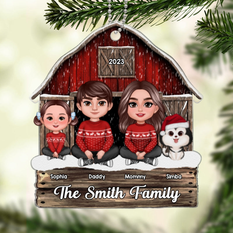 Family Sitting Crossed Legs Red Barn Christmas Gift Personalized Acrylic Ornament