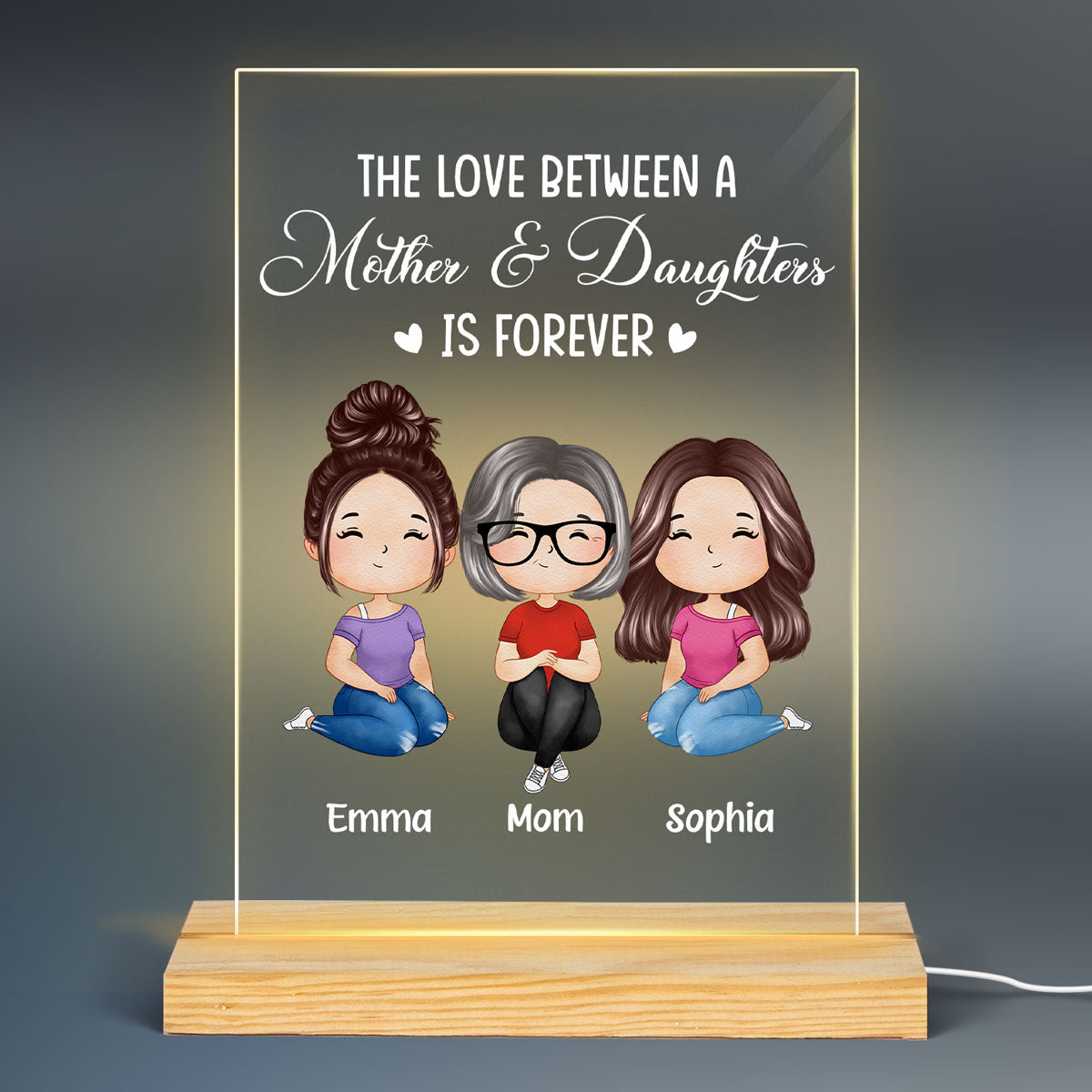 Mother Daughter Love Doll Woman Sitting Watercolor Style Personalized LED Night Light
