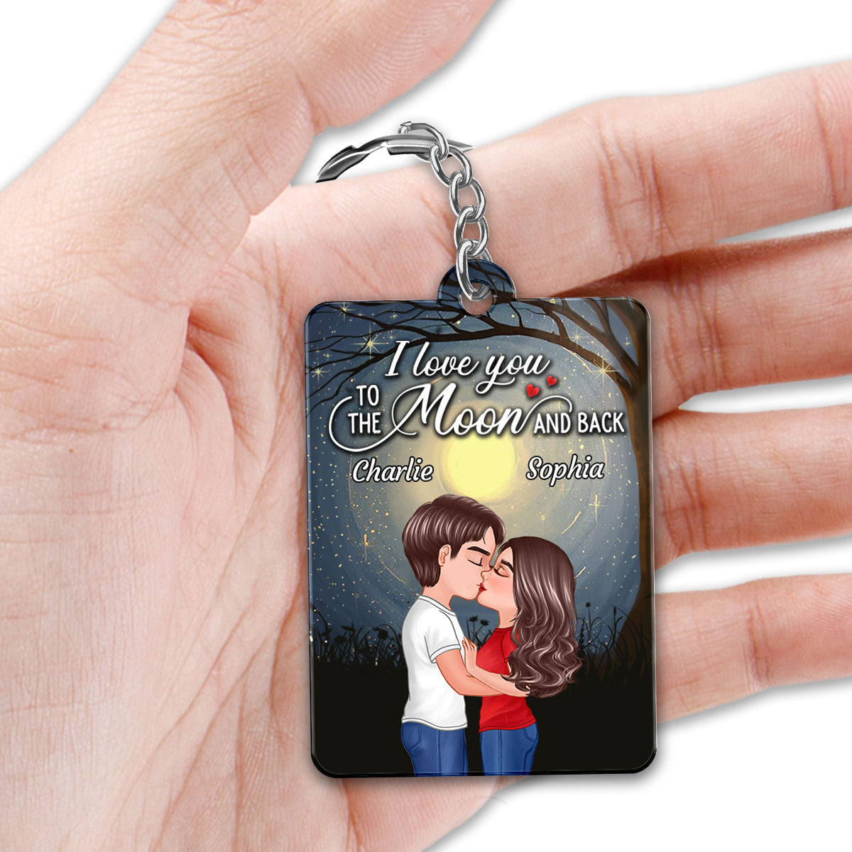 Doll Couple Kissing In The Moon Night Favorite Song Scannable QR Code Personalized Acrylic Keychain