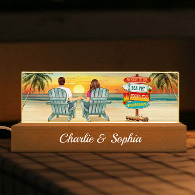 Summer Couple Sitting Be Happy Personalized Acrylic Block LED Night Light, Anniversary Gift For Him, Gift For Her, For Husband, For Wife