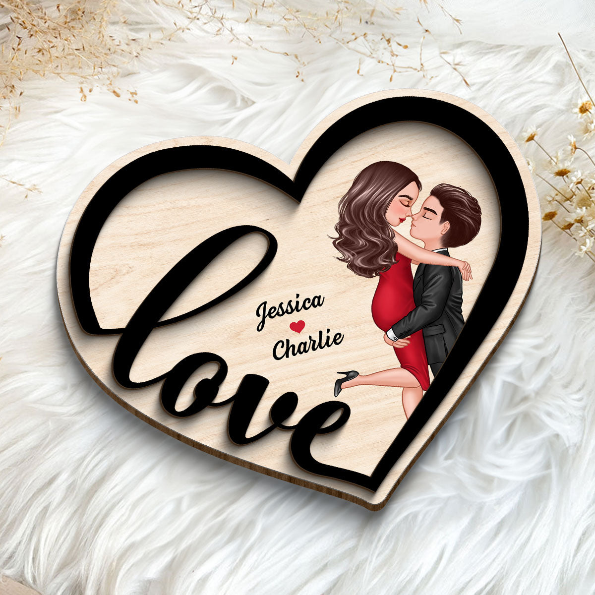 Couple Love Heart Hugging Kissing Personalized 2-layer Wooden Plaque
