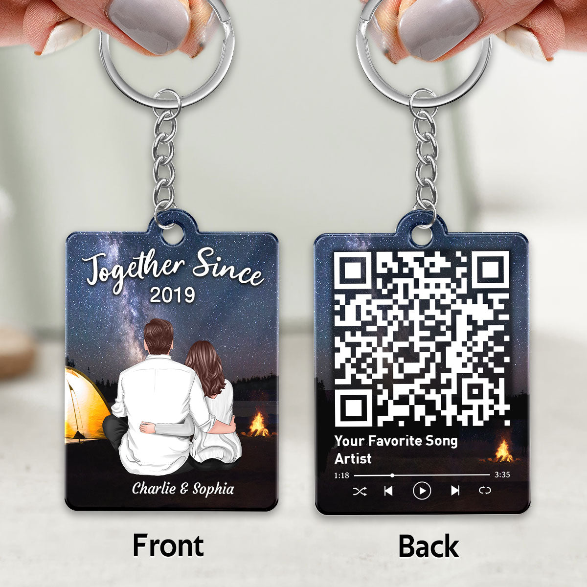 Couple Back View Sitting Tent Bonfire Favorite Song QR Code Personalized Acrylic Keychain