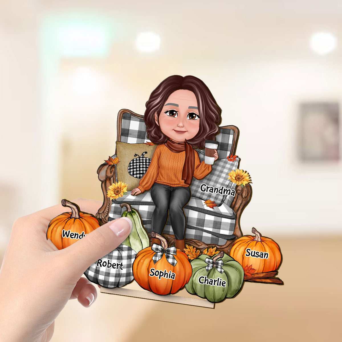 Grandma Sitting On Chair Pumpkins Personalized 2-Layer Standing Wooden Plaque, Fall Season Decor