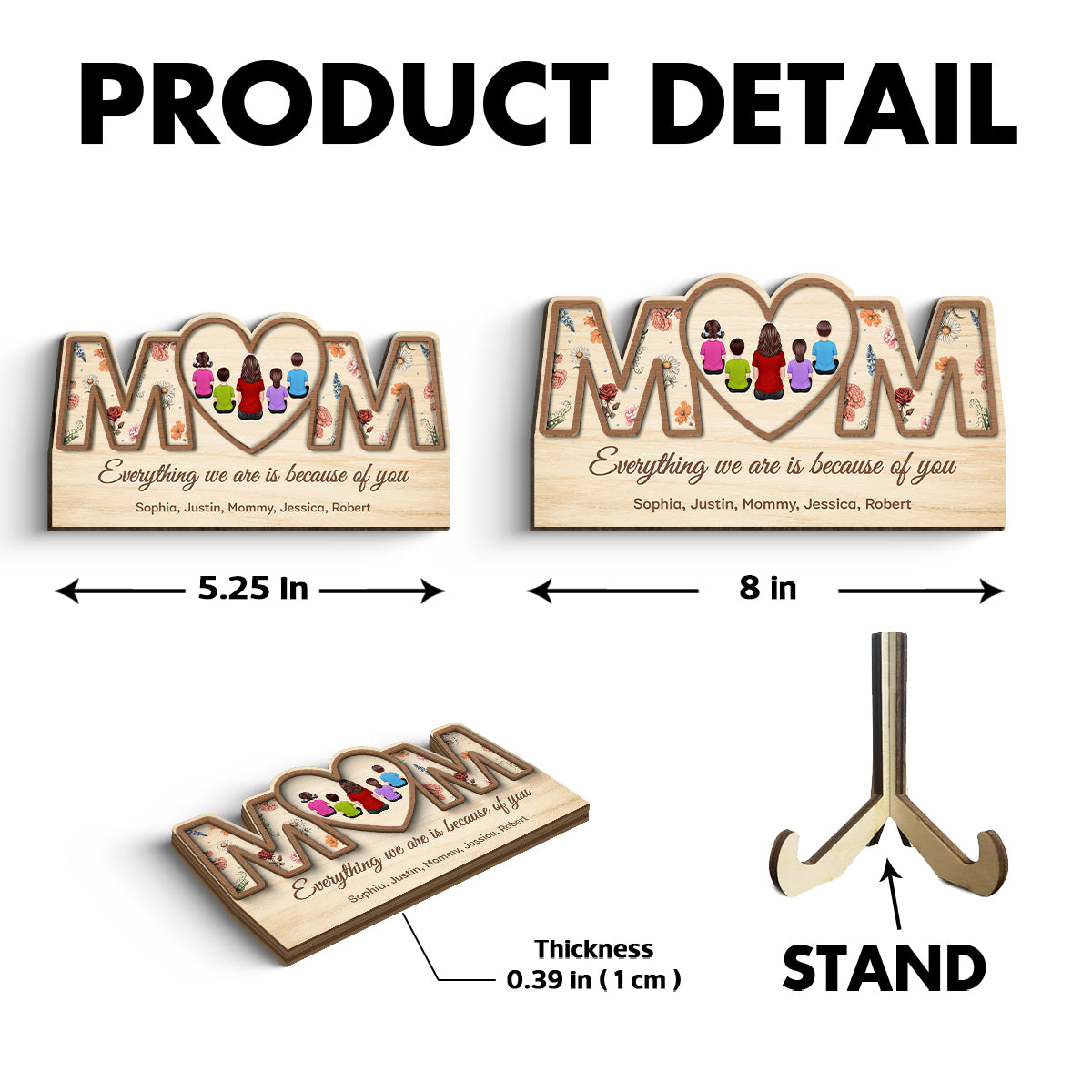 Custom Birth Month Flowers MOM Hearts Personalized 2-Layer Wooden Plaque
