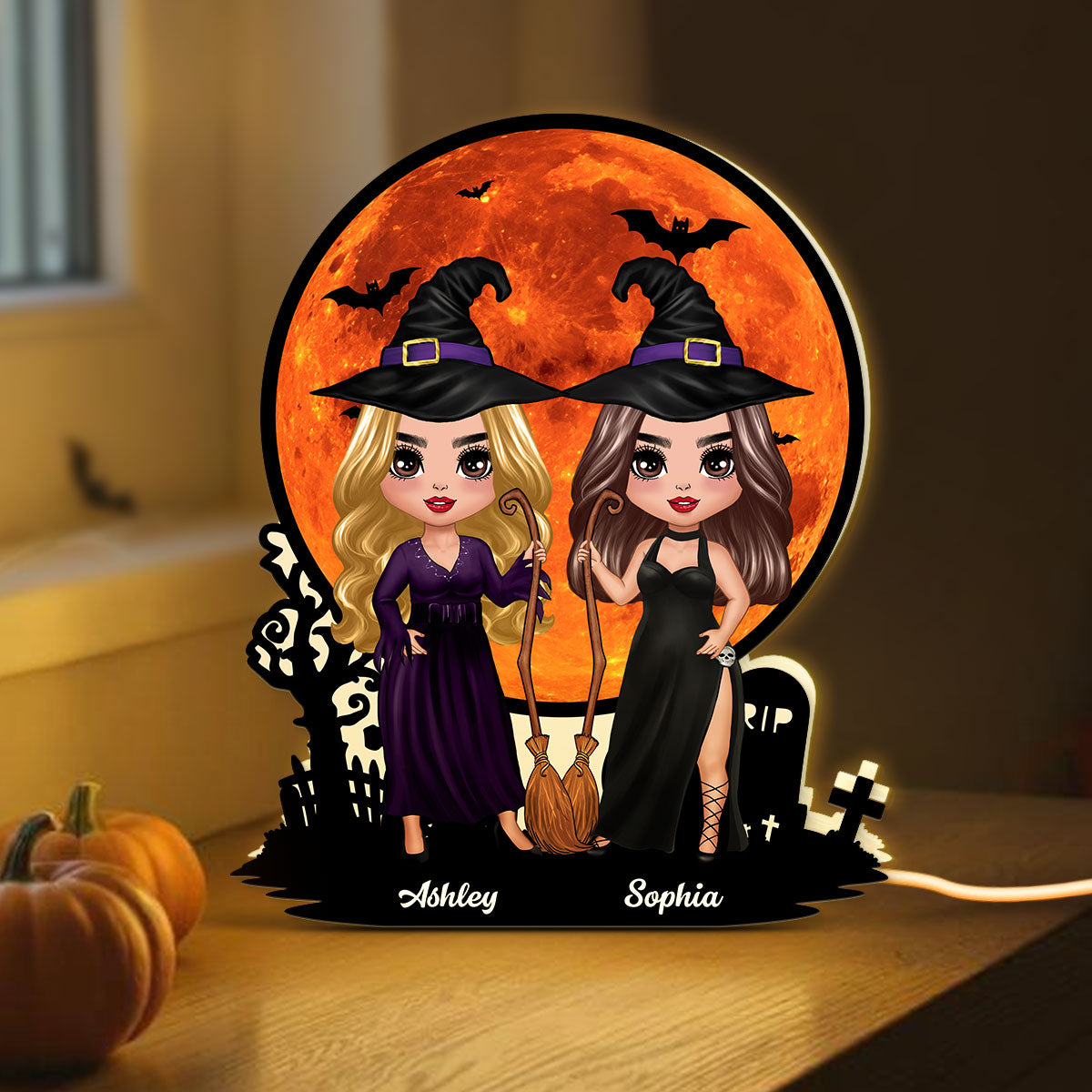 Witch Besties Under Halloween Moon Tabletop Wicca Pagan Decor Personalized Light Box, Halloween Decor