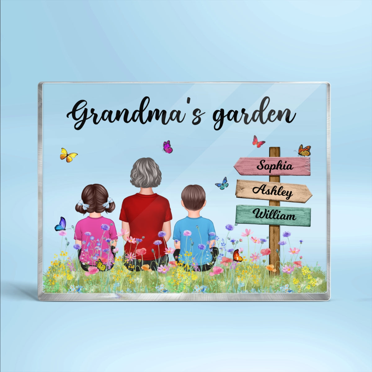 Grandma‘s Garden Back View Woman & Kids Names On Sign Personalized Horizontal Rectangle Acrylic Plaque