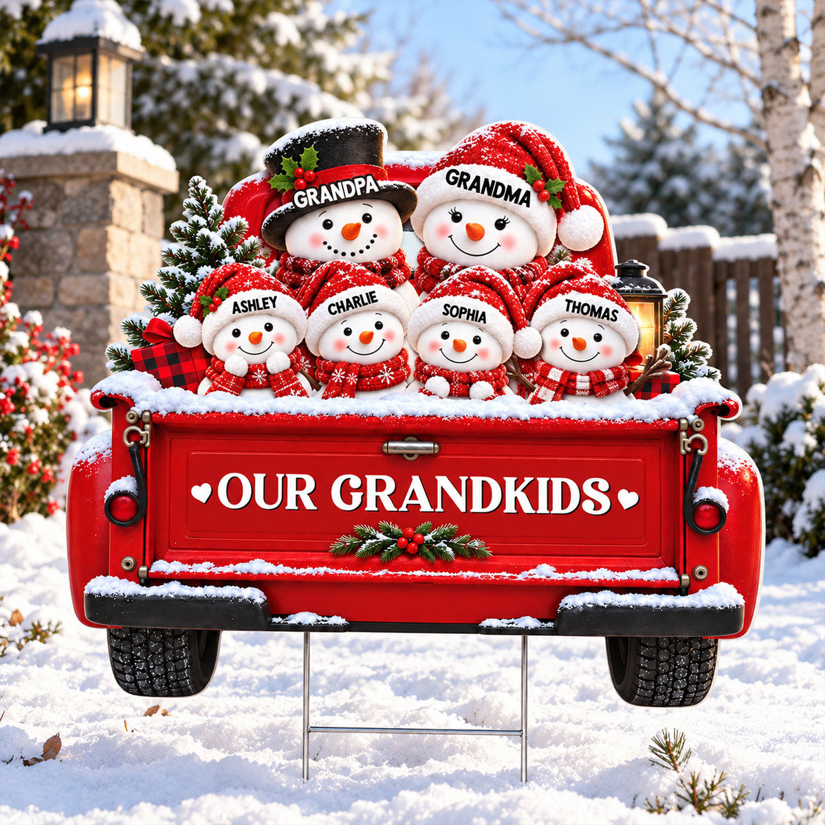 Christmas Cute Snowman Truck Grandpa Grandma Grandkids - Personalized Yard Sign - Christmas Decor For Grandparents