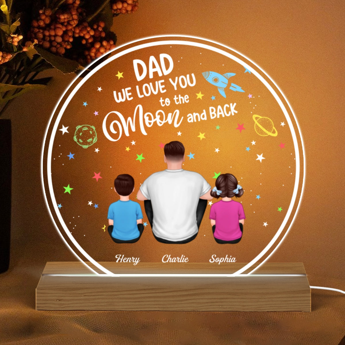 Dad I Love You To The Moon And Back Back View Man Sitting With Kids Dogs Cats Personalized Custom Shape Acrylic Plaque Warm LED Night Light