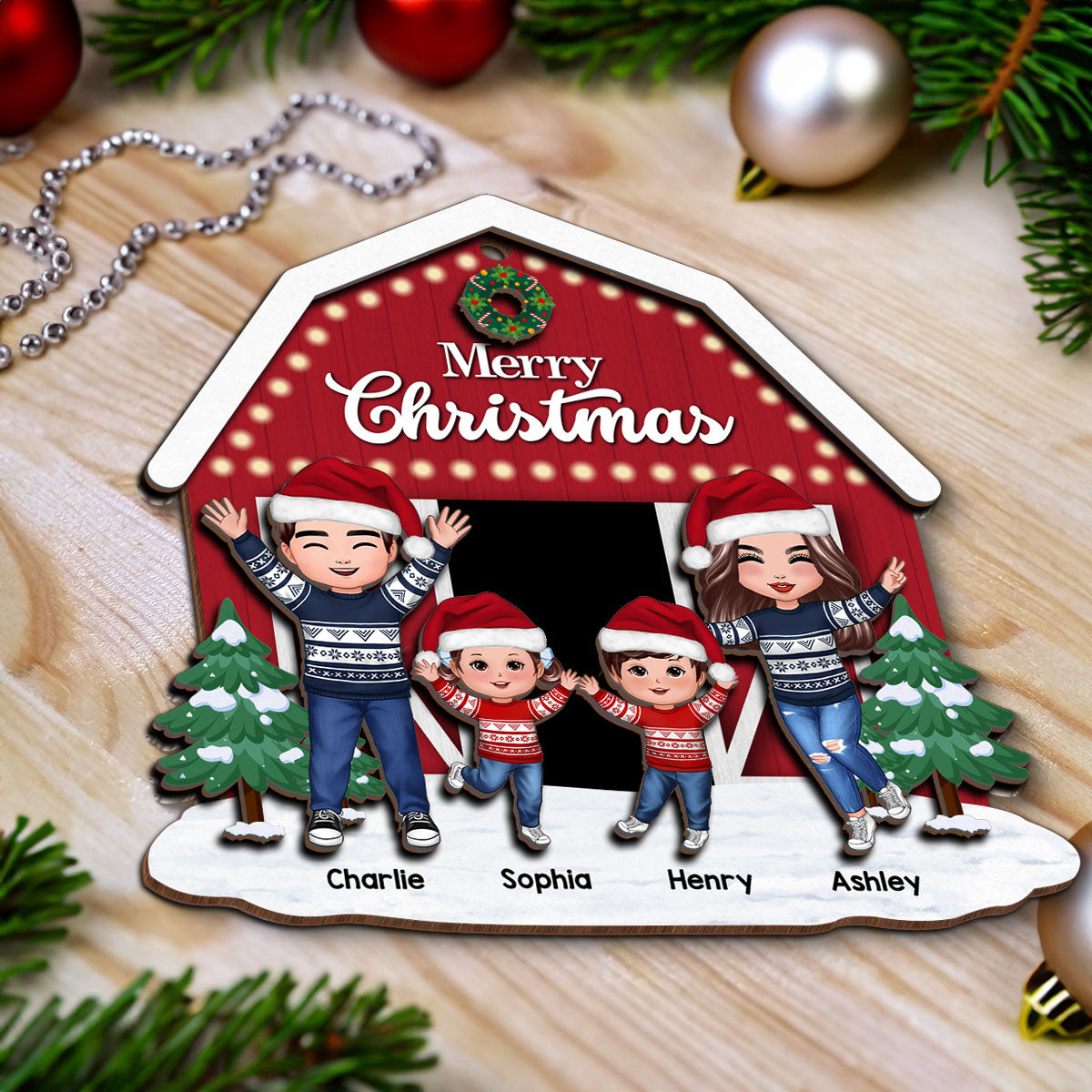 Christmas Farm House Family Decor Gift Personalized 2-Layer Wooden Ornament