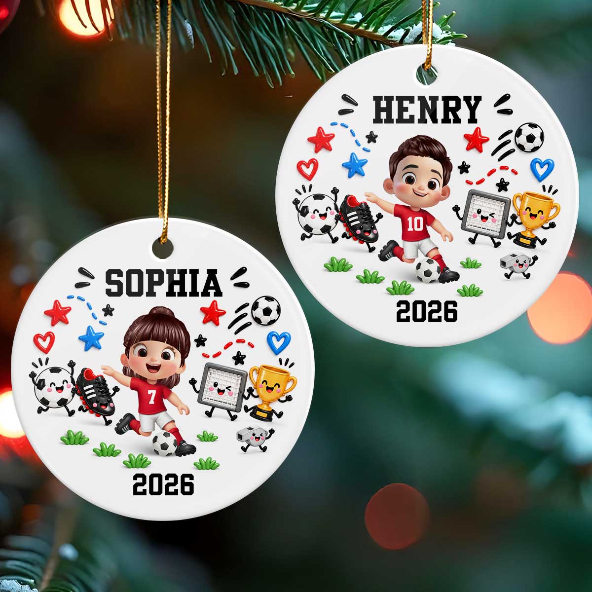 Cute Things Soccer Player 2D Flat Printed- Personalized Ceramic Ornament - Christmas Gift For Son, Grandson, Daughter, Granddaughter
