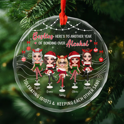 Besties Here's To Another Year Of Bonding Over Alcohol Personalized Glass Ornament, Funny Christmas Gift For Best Friends