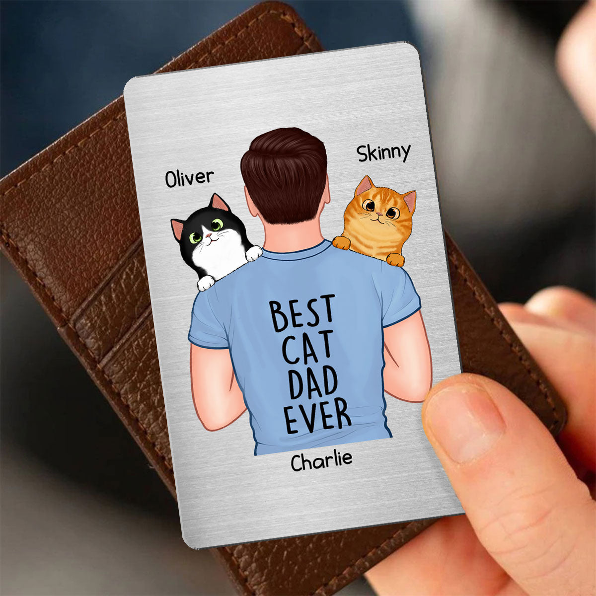 Man Carrying Cats Best Cat Dad Ever Gift For Cat Lovers Personalized Metal Wallet Card