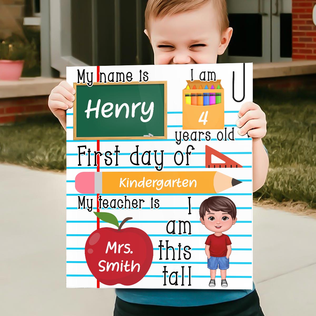Doll Kid Standing Personalized Reusable First Day of School Sign