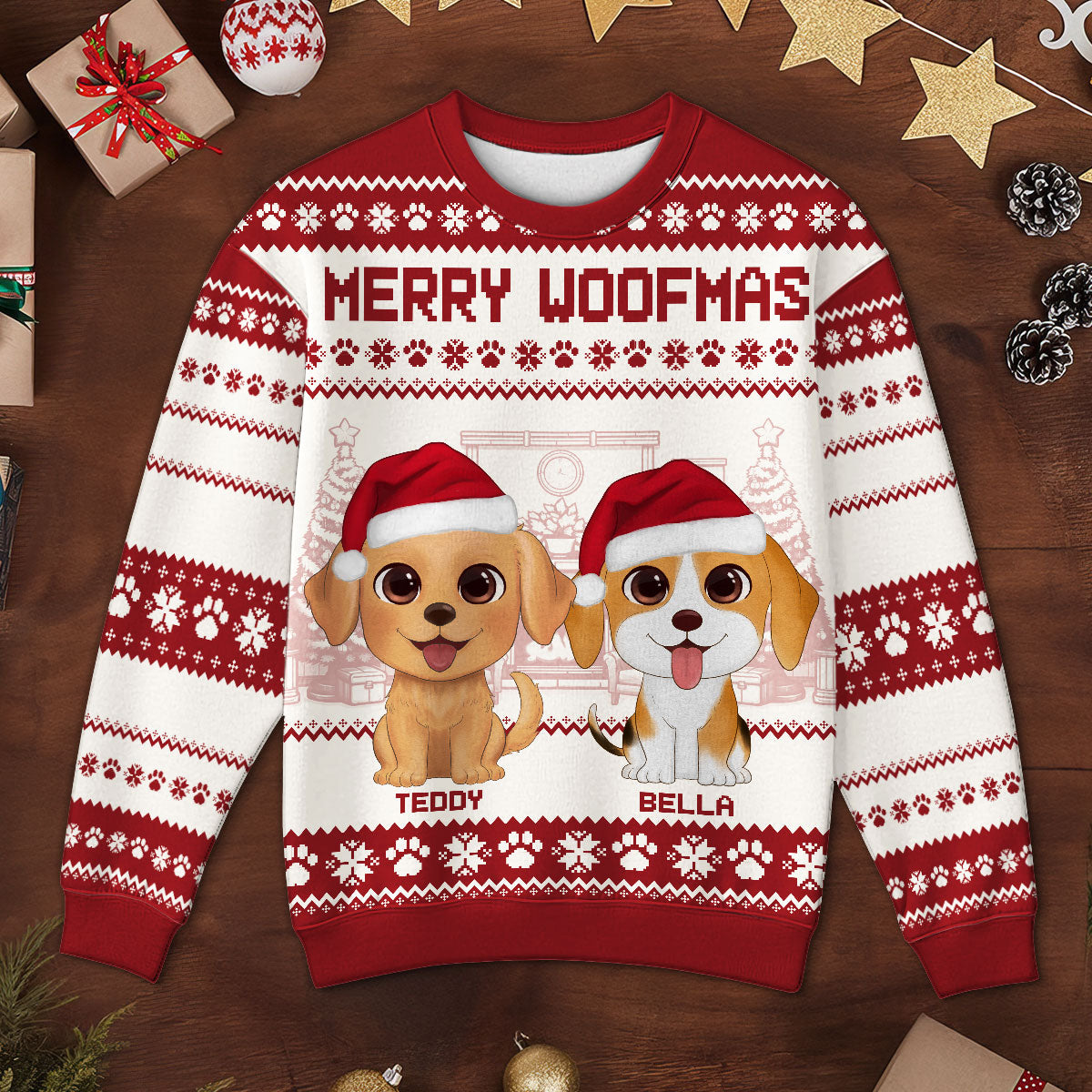 Happy Pawliday Watercolor Cute Dogs Cats Christmas Personalized Faux Knitting Ugly Sweater, Gift For Dog Cat Pet Lovers