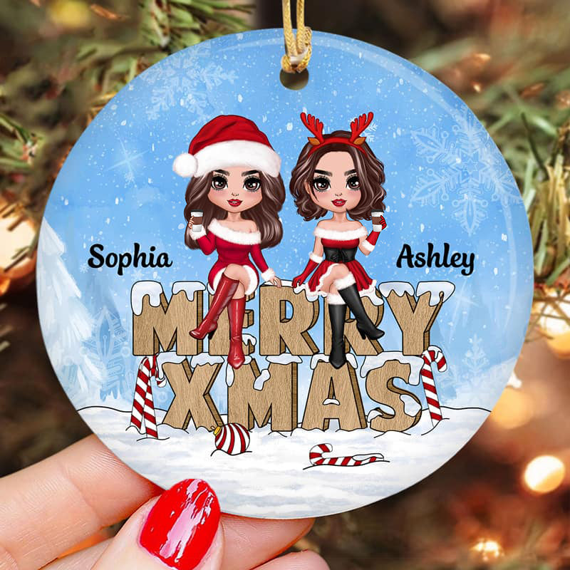 Christmas Costume Besties Sisters On Word Personalized Circle Ornament