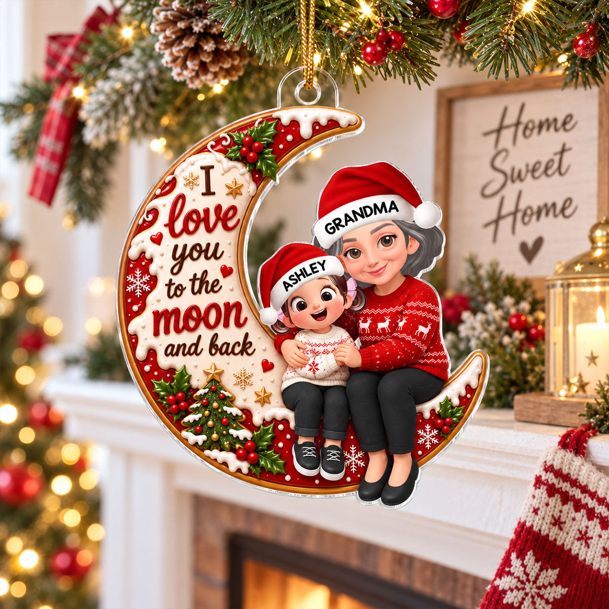 Endless Love Christmas Grandma Grandkid Love You To The Moon And Back - Personalized Acrylic Ornament - Gift For Grandma, Grandkids, Grandsons, Granddaughters