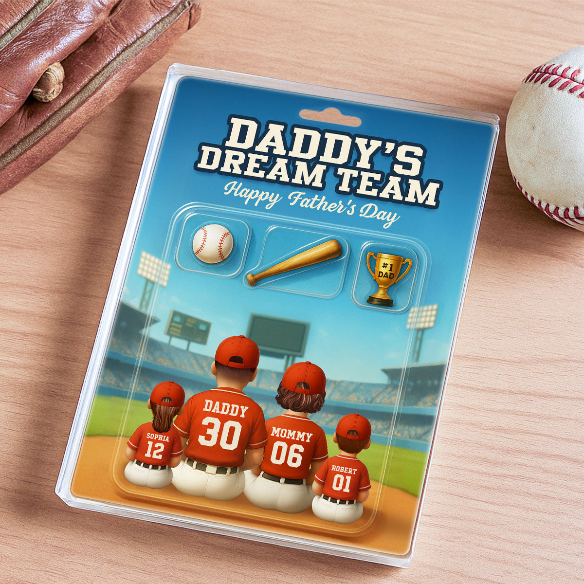 3D Effect Custom Figure Baseball Family Daddy's Dream Team Personalized Flat Acrylic Block Plaque, Unique Father's Day Gift For Dad, Husband