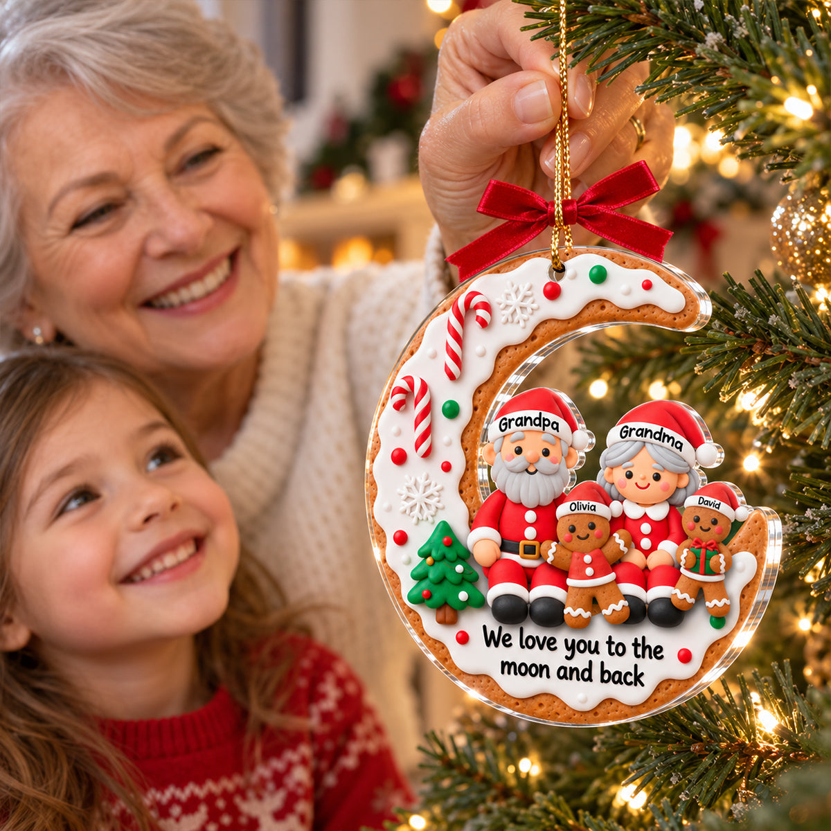 Gingerbread Grandparents Love to the Moon and Back - Personalized Acrylic Ornament - Christmas Gift for Grandma, Grandpa, Grandkids