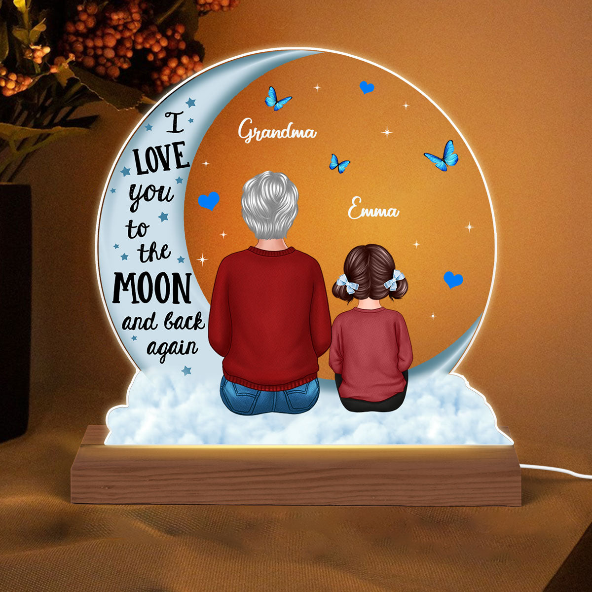 Grandma Grandkids Blue Moon On Cloud Personalized Custom Shape Acrylic LED Night Light