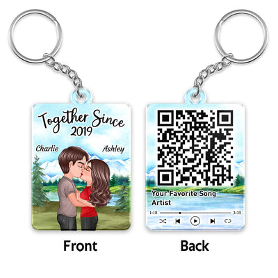 Mountain And Lake Doll Couple Kissing Favorite Song Scannable QR Code Personalized Acrylic Keychain
